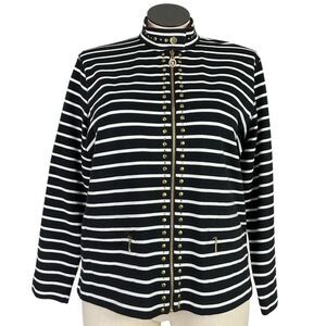 Christine Alexander Stripe Jacket Women XL Black Stretch Knit Zip Crystals Studs